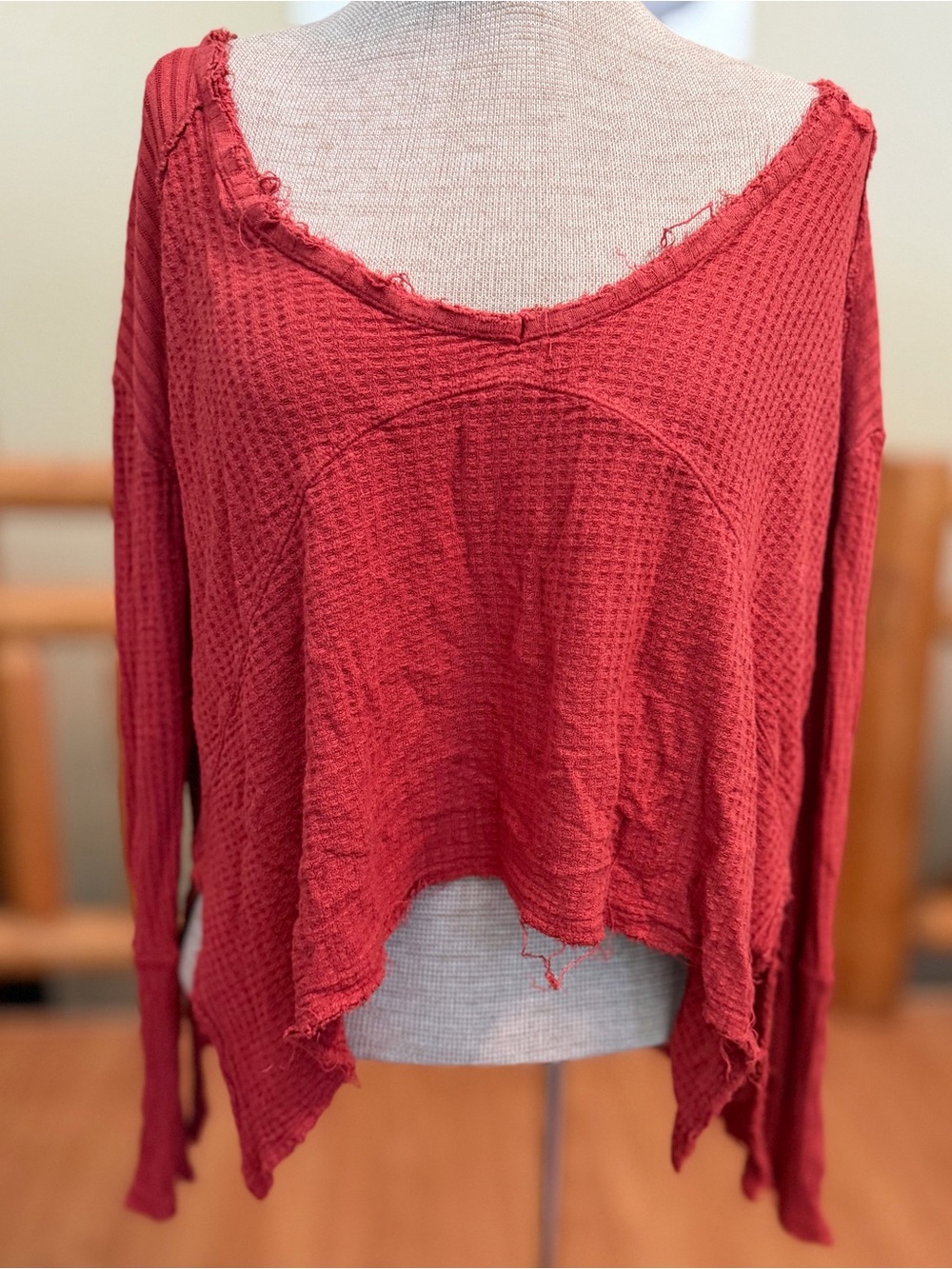 Free People Red Waffle Knit Cropped Long Sleeve Top